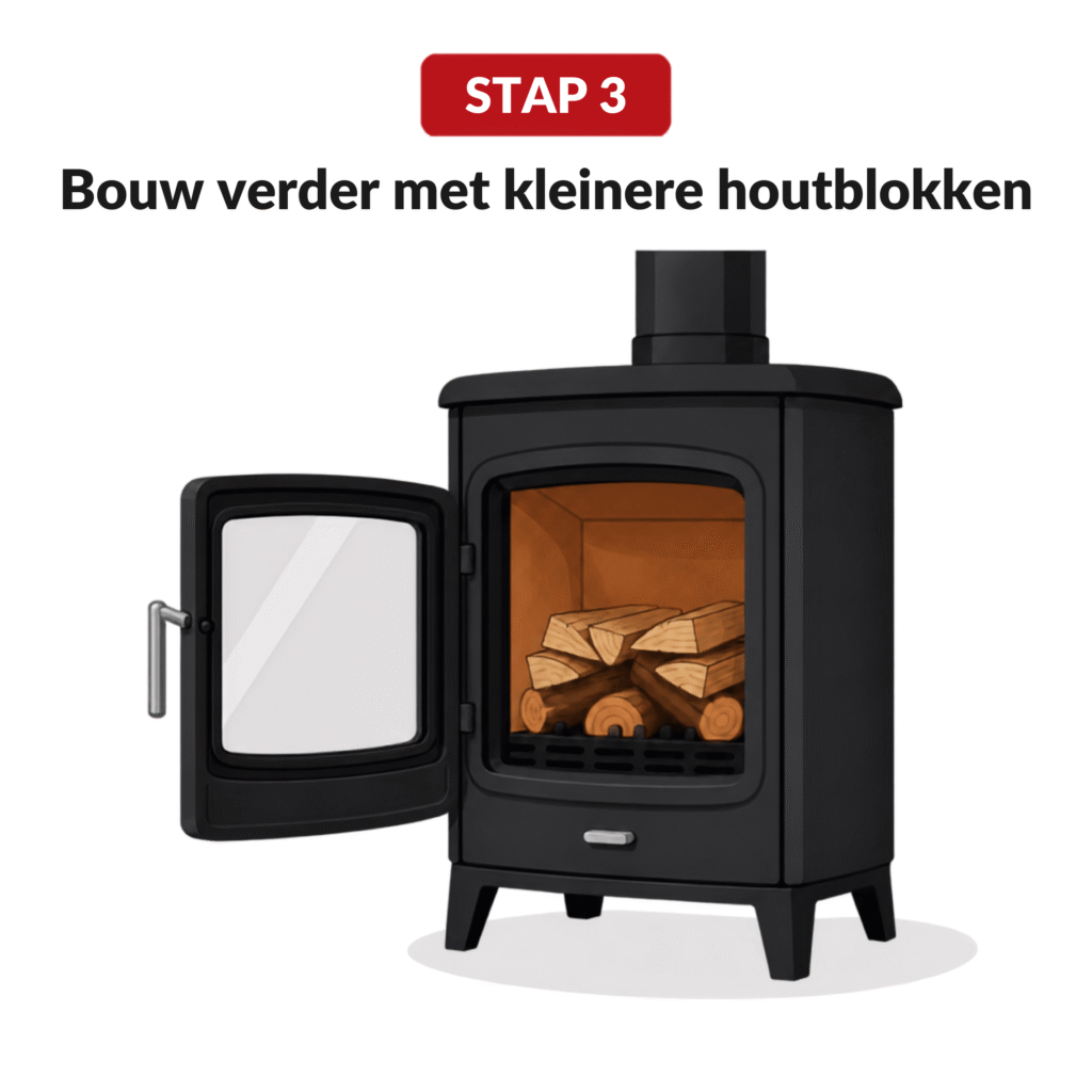 Leg kleinere houtblokken in de kachel